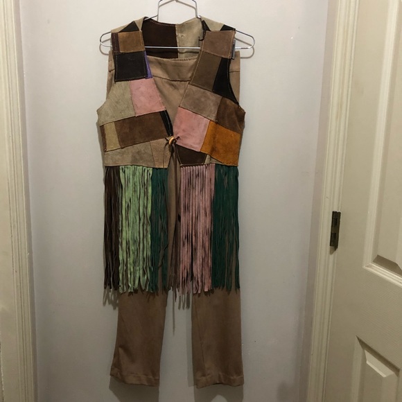 Vintage real suede patchwork and fringe vest and suede cloth pants - Picture 4 of 8